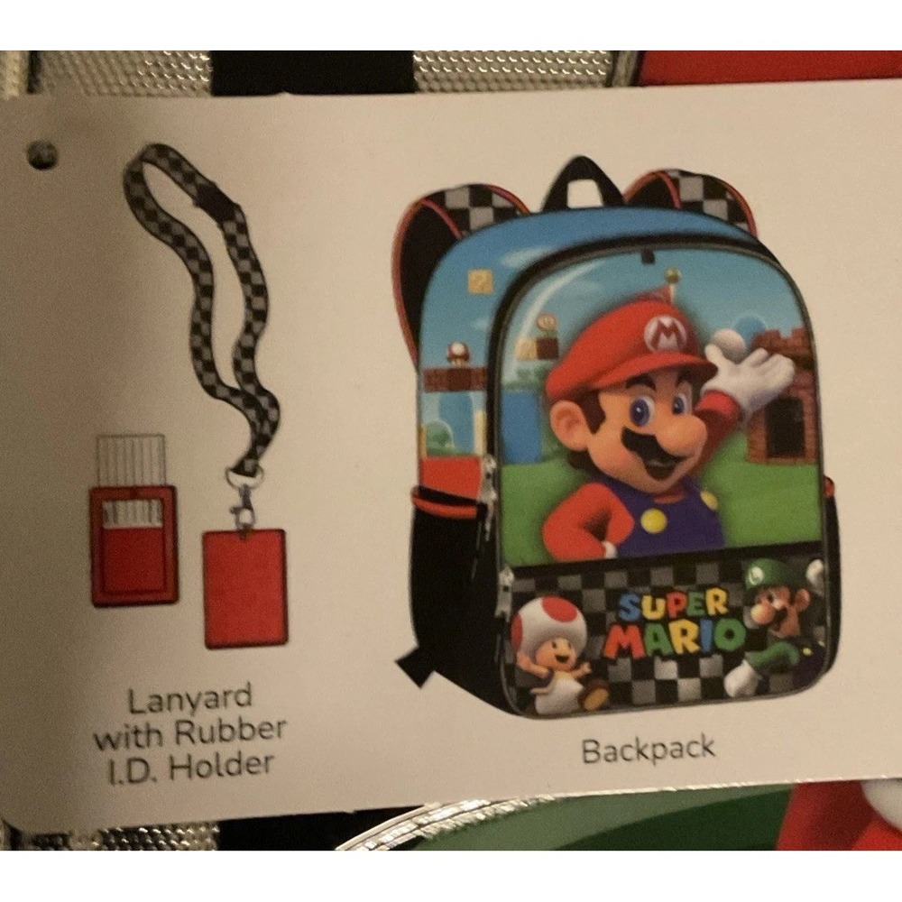 Super Mario Bros Backpack 4pcs Lunch Bag Lanyard Gadget Case Luigi Mario Set 17" - Picture 4 of 13